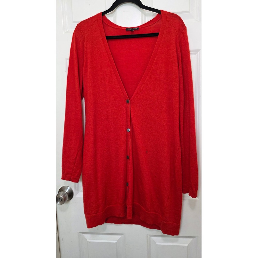 Eileen Fisher Cardigan Womens Medium Red Merino Wool Longline V-Neck Sweater